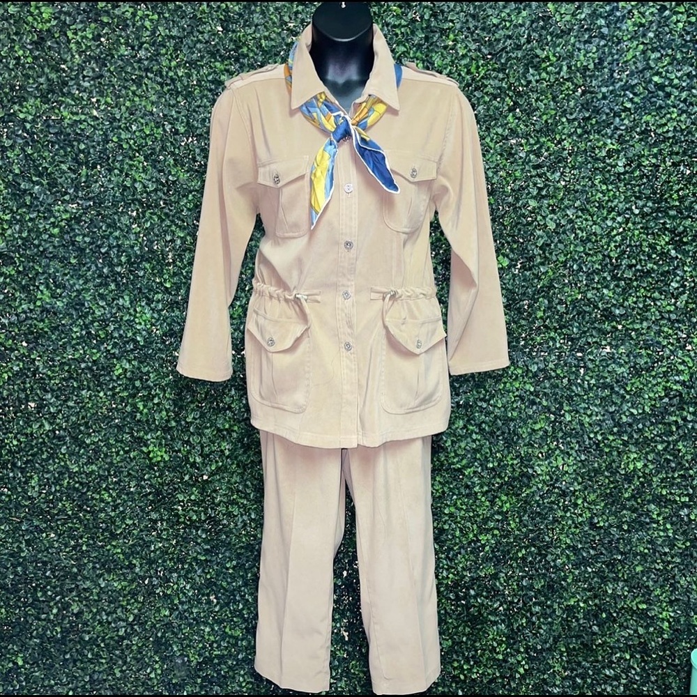 Vintage 90s Khaki Pant Jacket Set Trendy Button Up Collar size Large